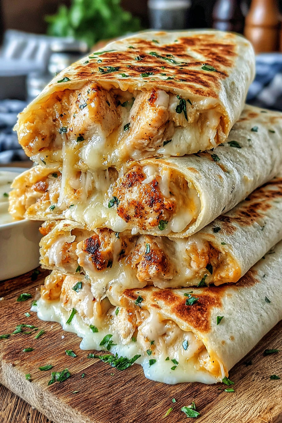 A stack of cheesy garlic chicken wraps.