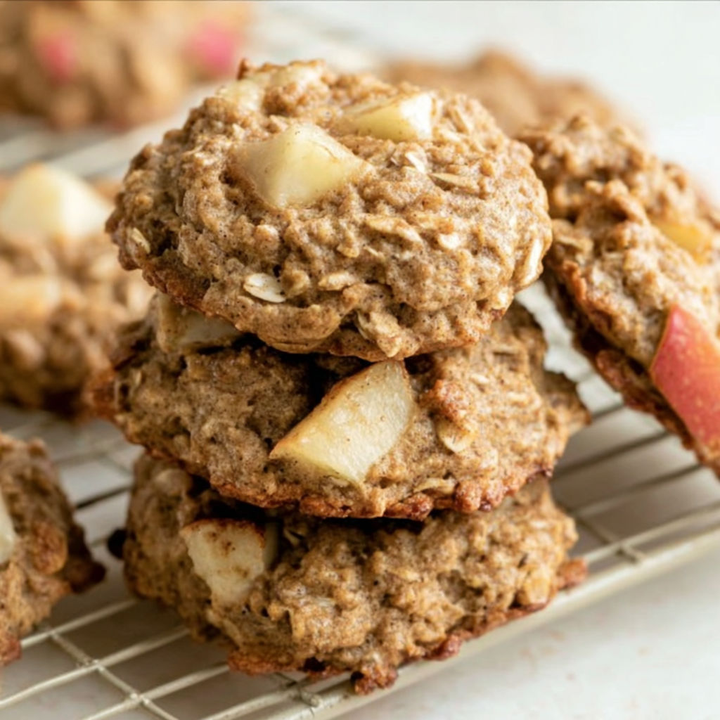 A stack of cookies with apple slices on top.