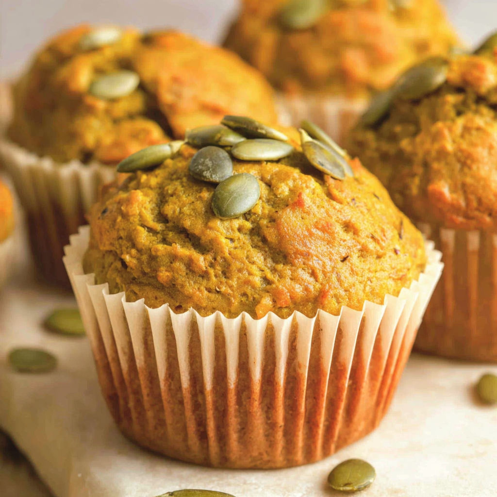 Three muffins with pumpkin seeds on top.
