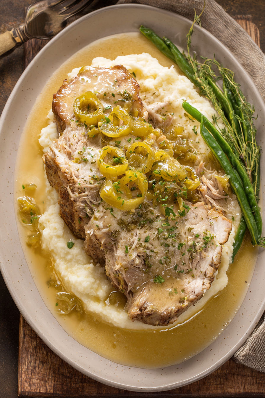A plate of pork with green beans and potatoes.