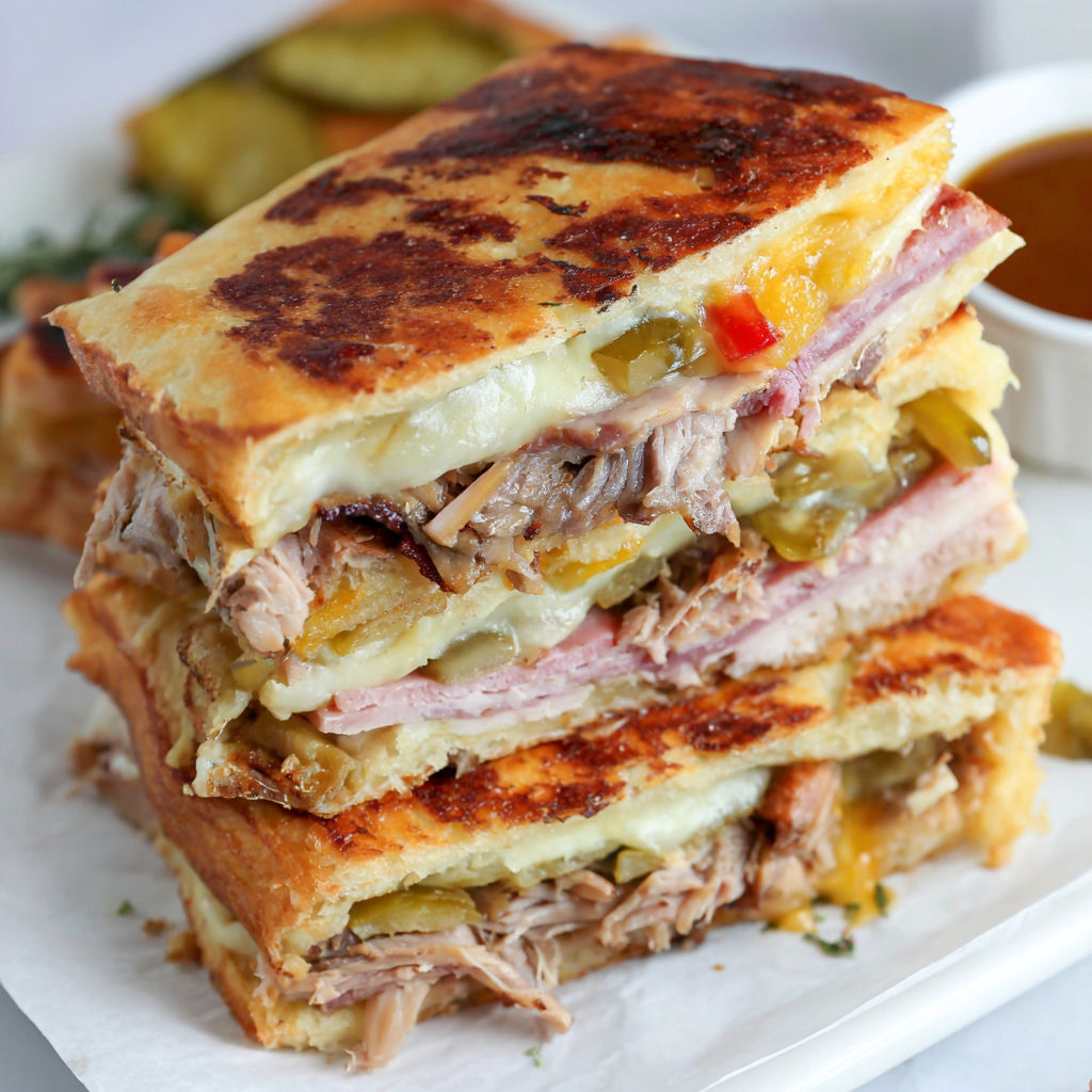 A Cubano sandwich is stacked with meat and cheese.