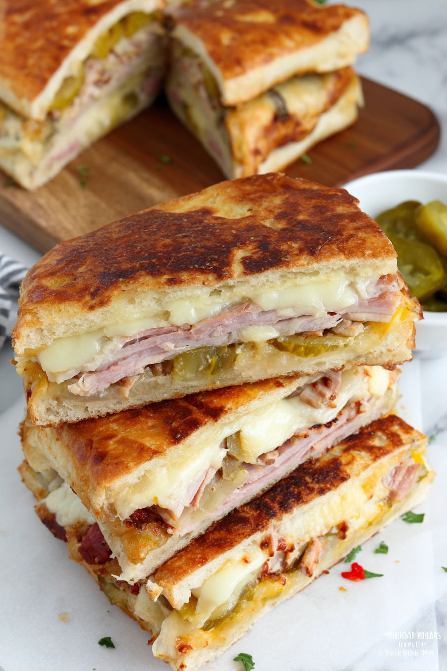 A Cubano sandwich with cheese and meat.