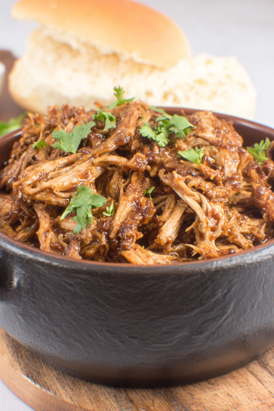 A bowl of pulled pork with green onions.