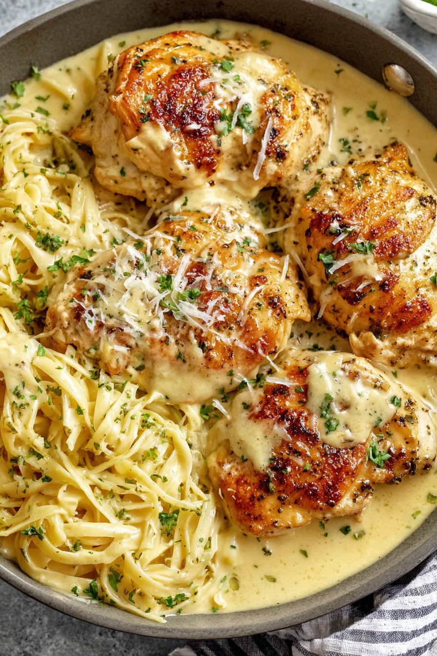 A plate of chicken and pasta.