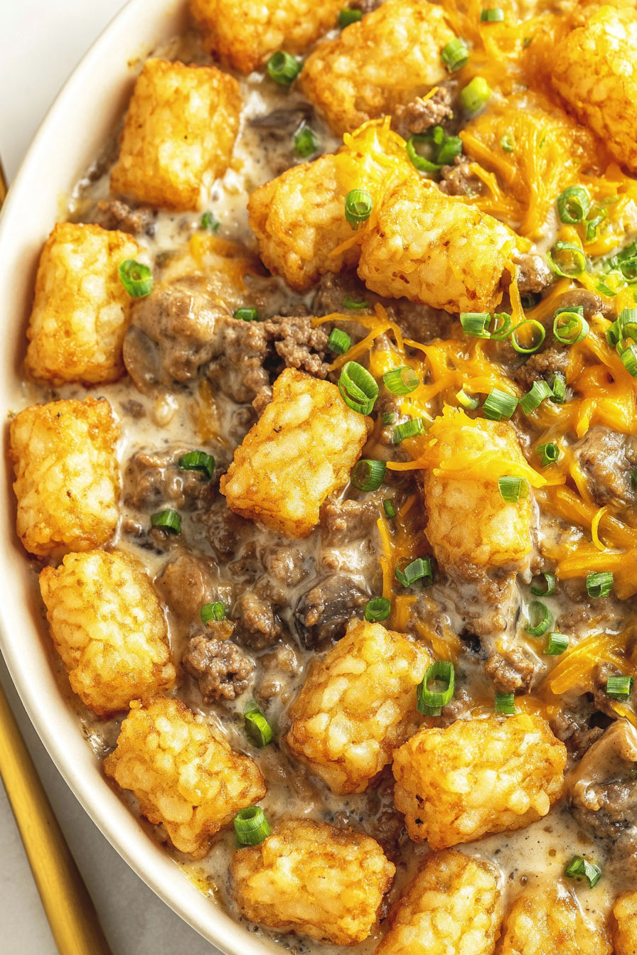 A dish of tater tots with cheese and meat.