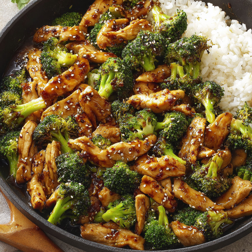 A stir-fry of chicken and broccoli.