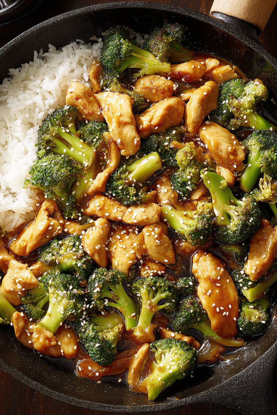 A stir-fry of chicken and broccoli.