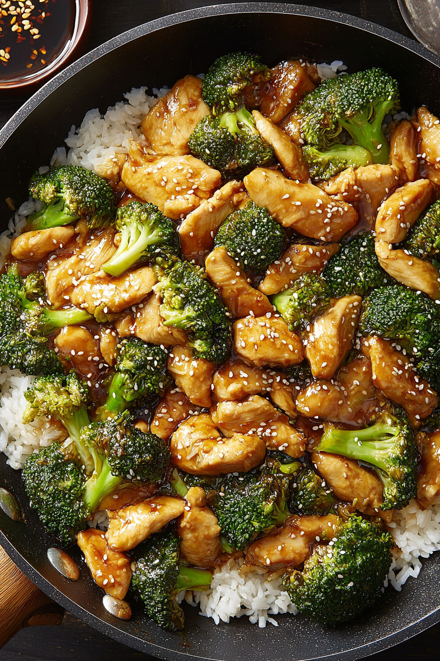 A stir fry of chicken and broccoli.