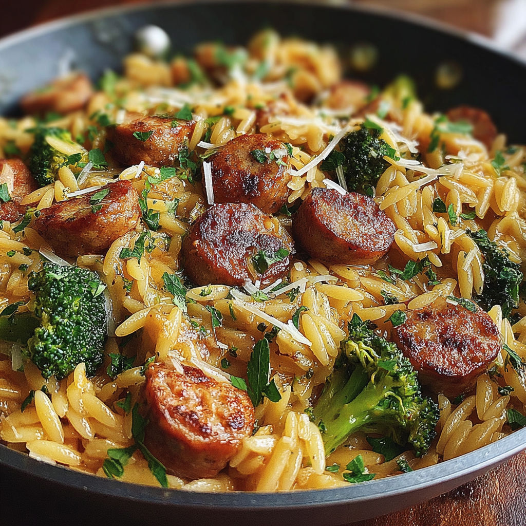 A dish of chicken sausage and broccoli orzo.