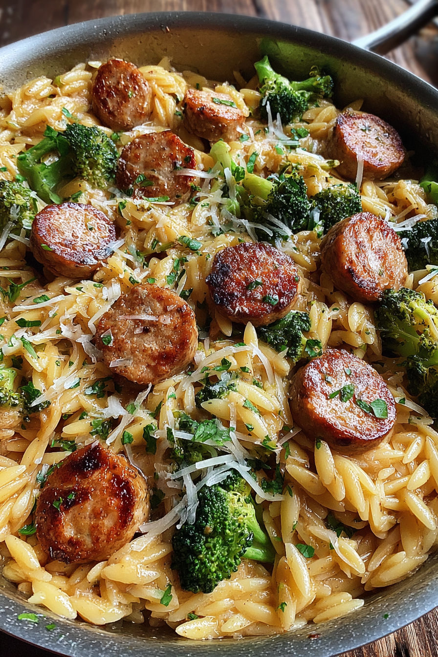 A dish of chicken sausage and broccoli orzo.