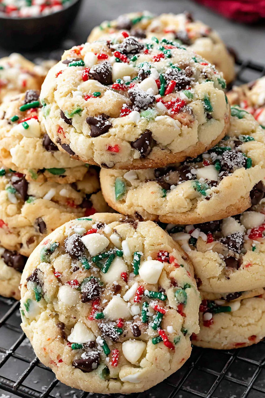 A stack of chocolate chip cookies with white and red sprinkles.