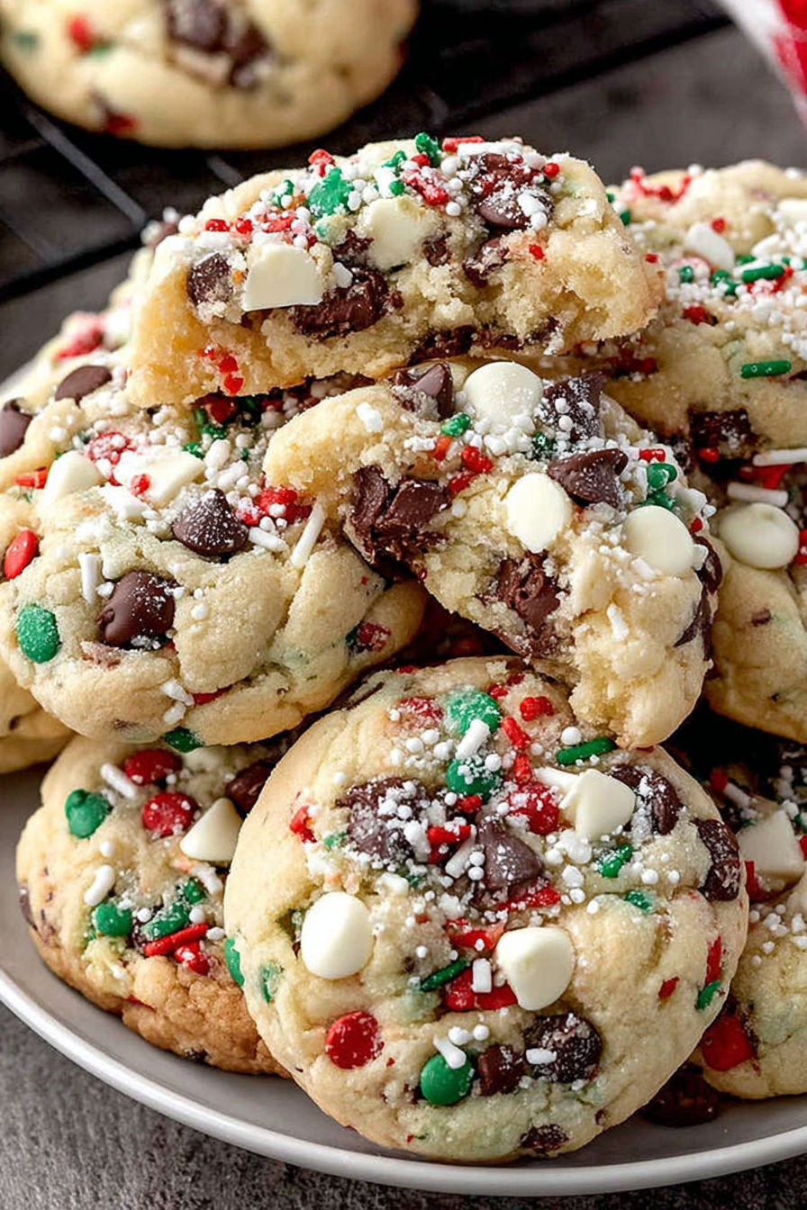 A plate of chocolate chip cookies with white chocolate and red and green sprinkles.