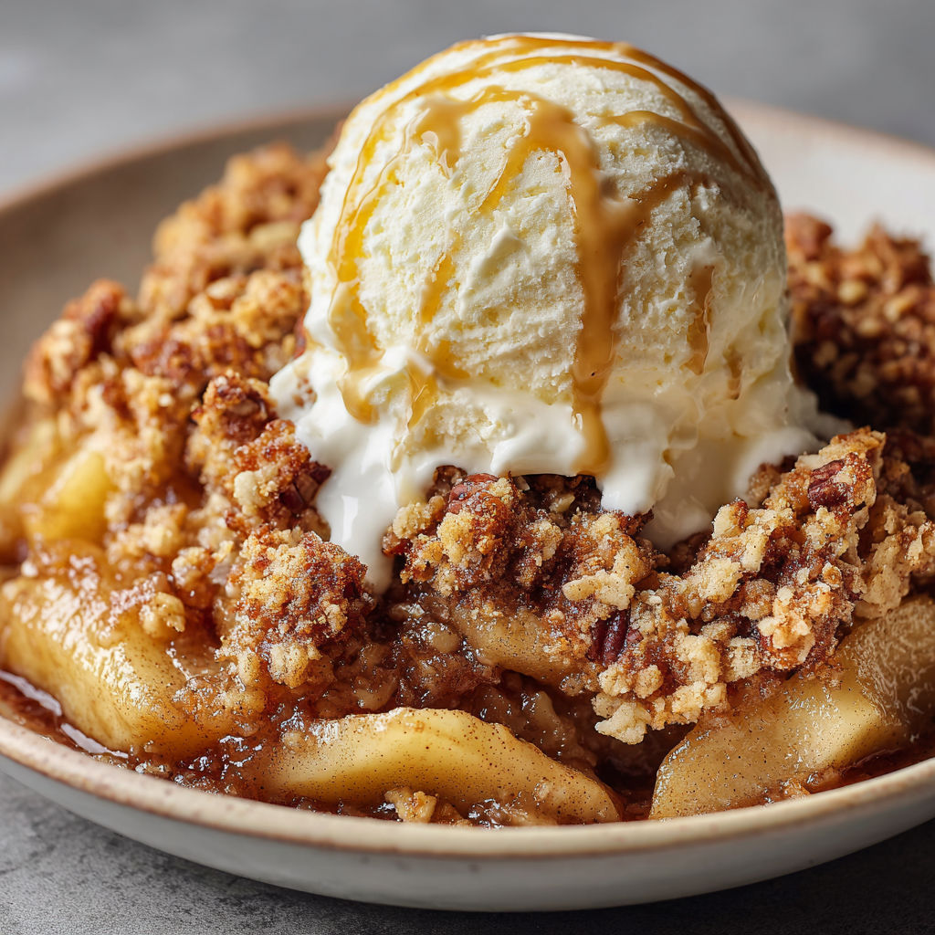 A close up of a delicious apple crumble.