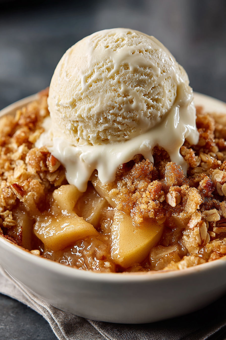 A bowl of apple crumble with ice cream on top.