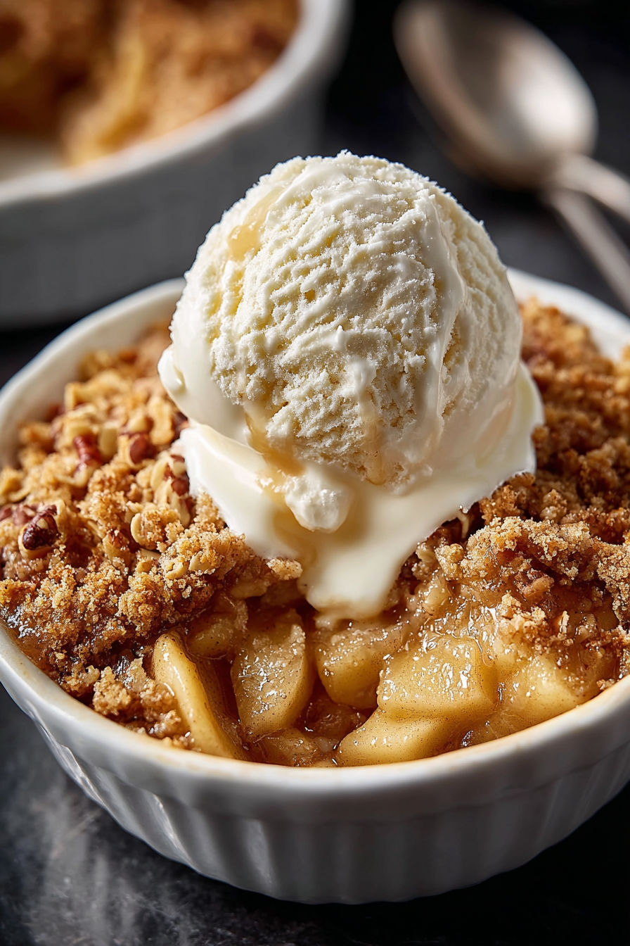 A scoop of ice cream on top of a classic apple crumble.