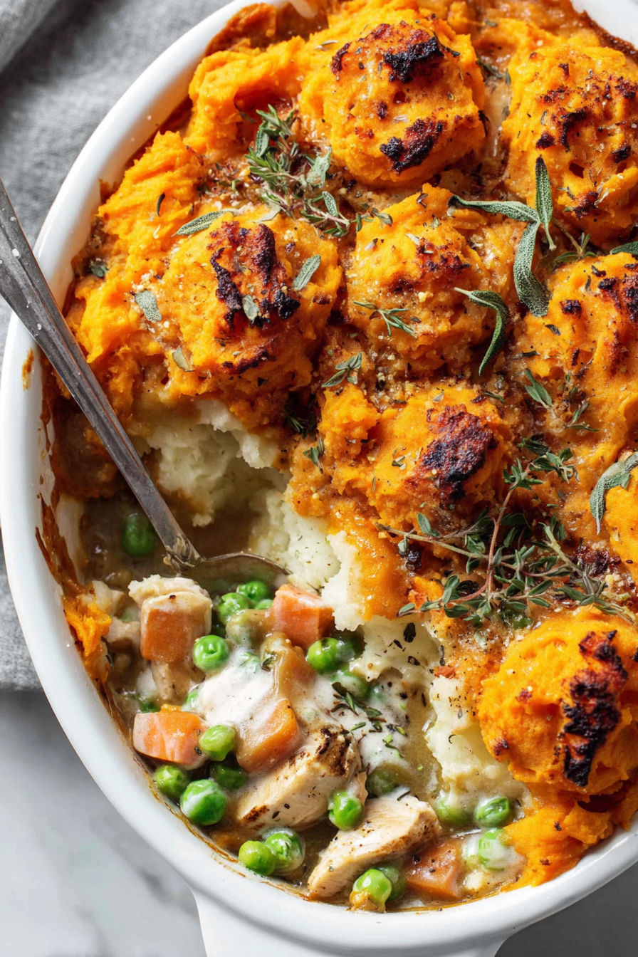 A close up of a pot pie with mashed potatoes and carrots.