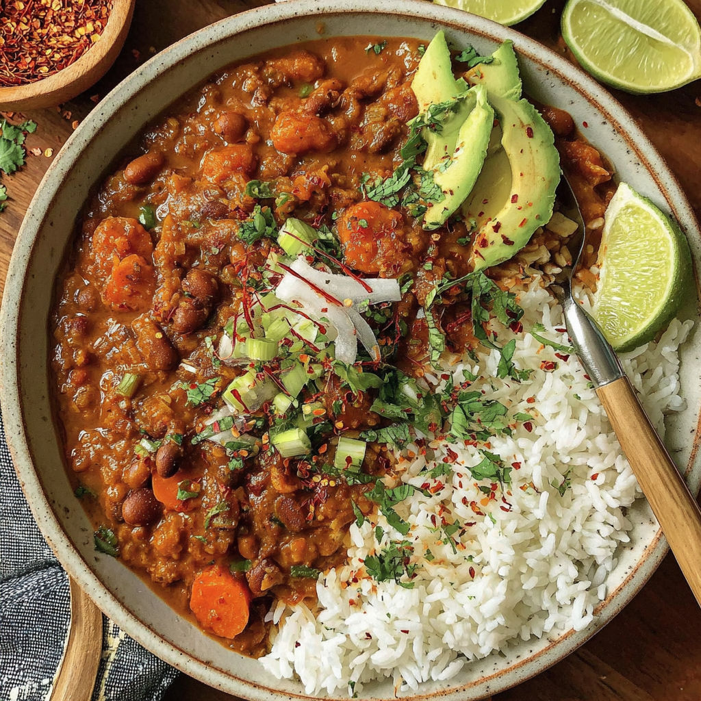 A bowl of vegan chili with rice and lime wedges.