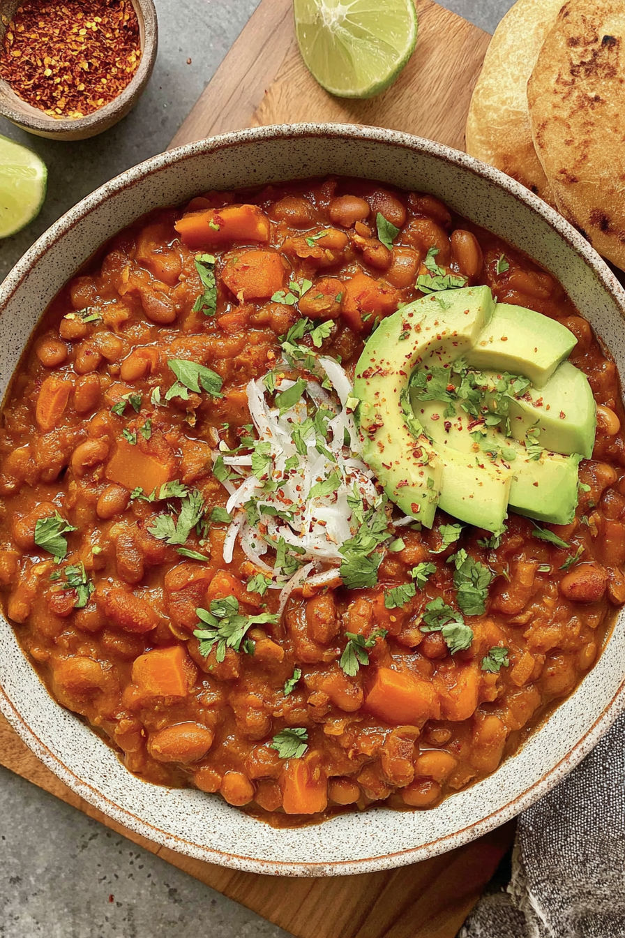 A bowl of chili with avocado and lime.