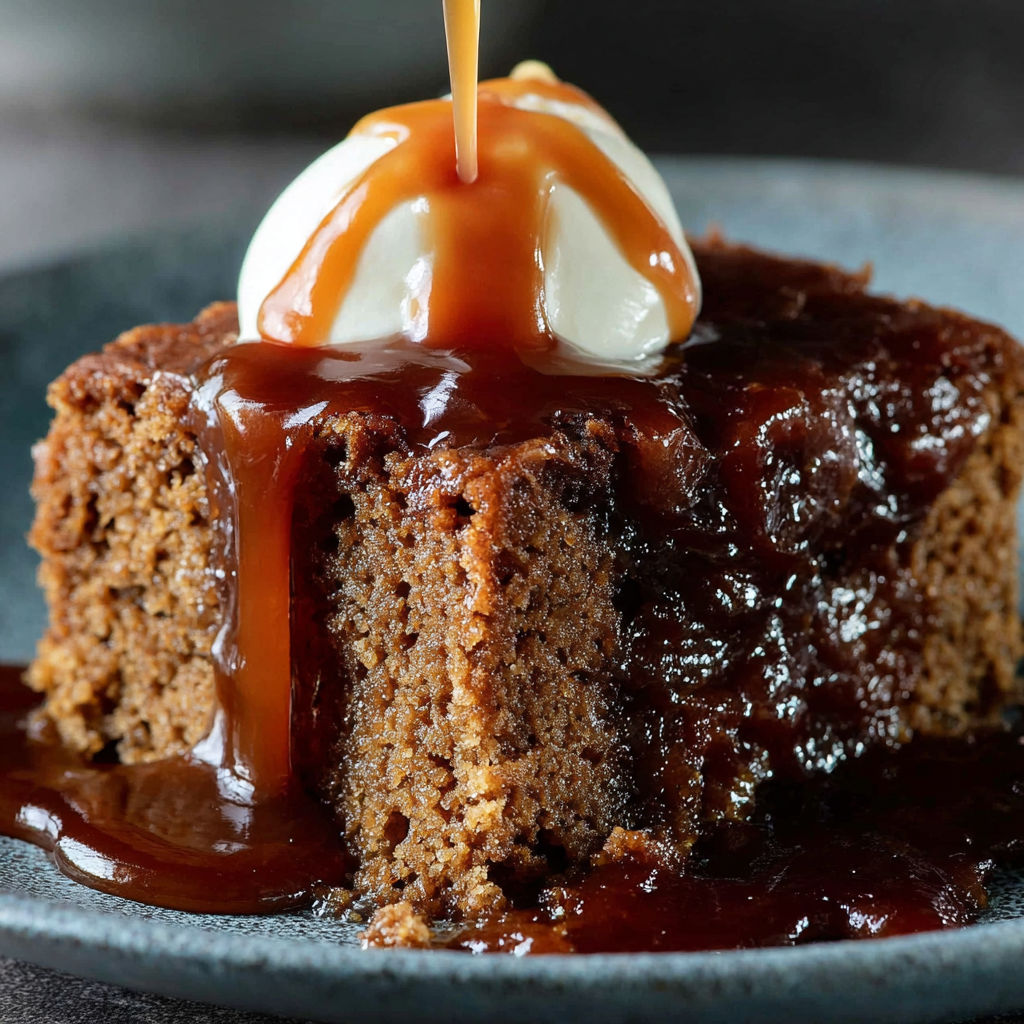 A slice of vegan sticky toffee pudding.