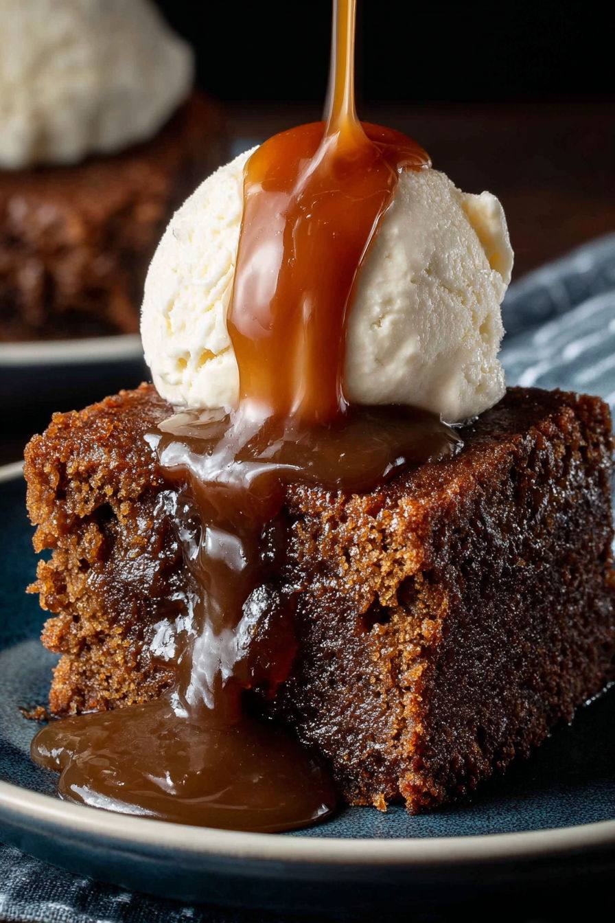 A slice of vegan sticky toffee pudding.