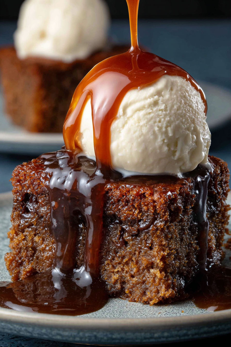 A slice of vegan sticky toffee pudding with a scoop of ice cream on top.