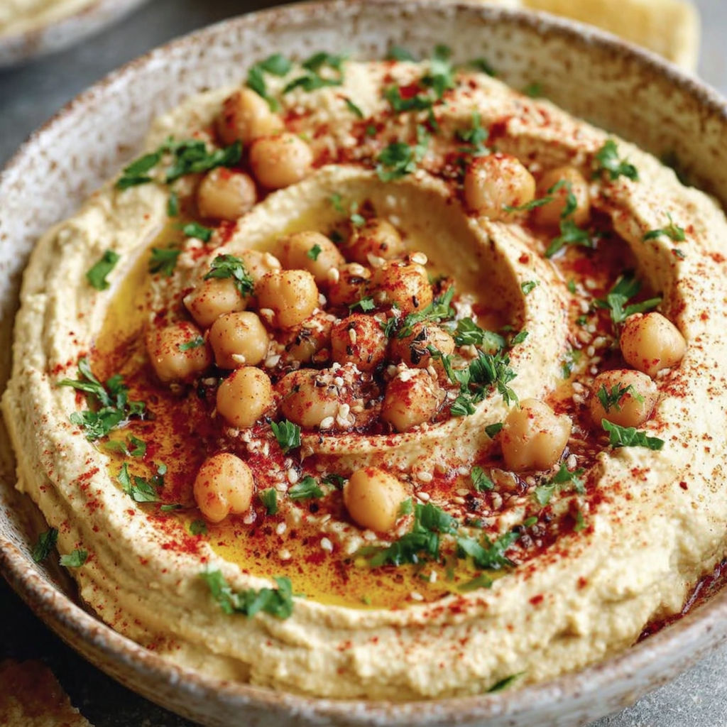 A bowl of hummus with chickpeas and spices.