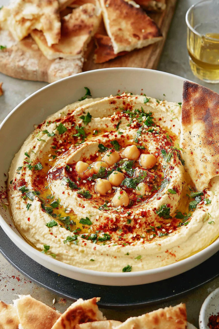 A bowl of hummus with a pita bread on the side.