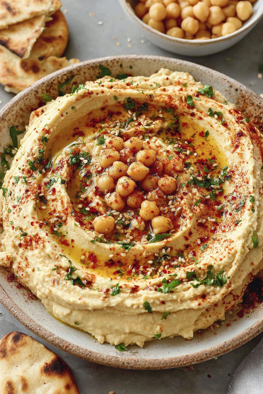 A bowl of hummus with chickpeas and spices.