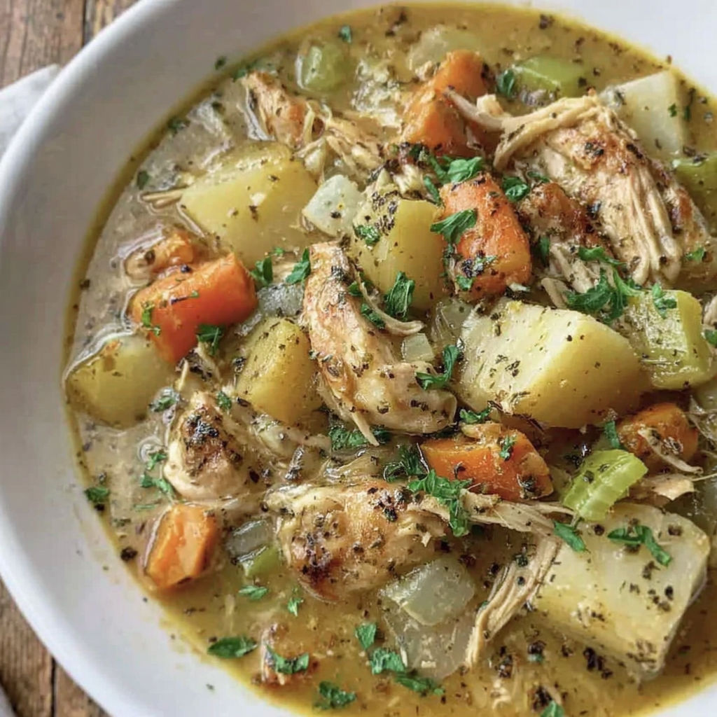 A bowl of soup with chicken and vegetables.