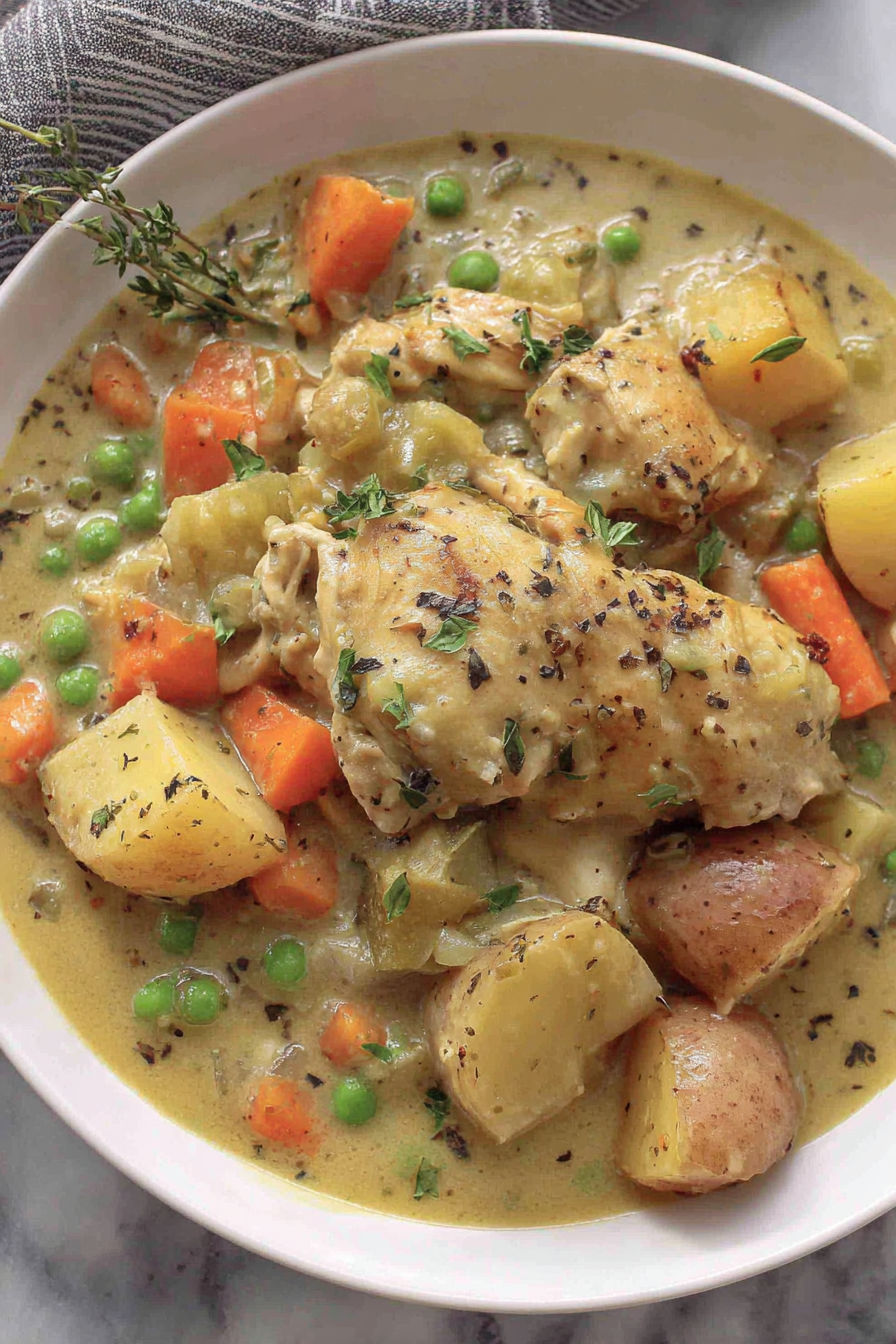 A bowl of chicken stew with peas and carrots.