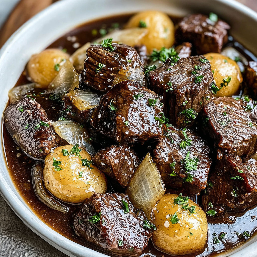 A bowl of beef and potatoes.