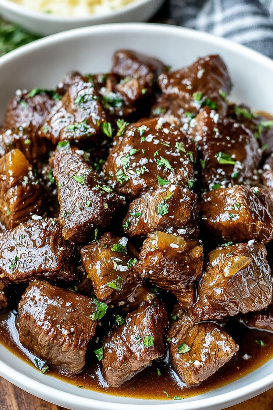 A close up of beef in a bowl.