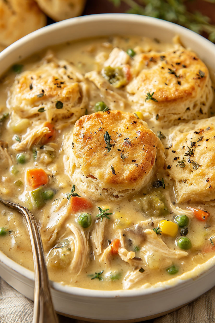 A crock pot chicken pot pie with biscuits on top.