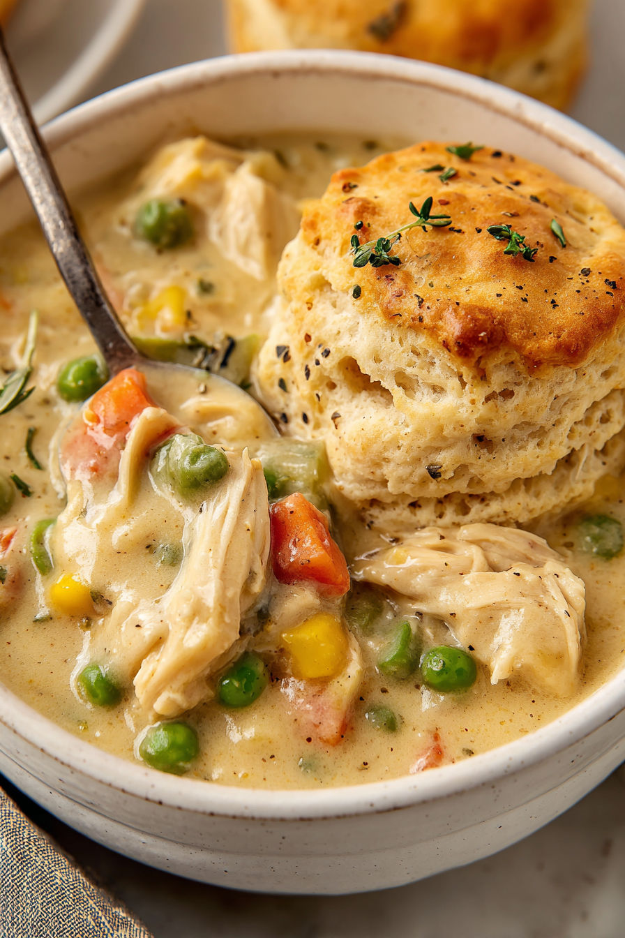 A bowl of chicken pot pie with a biscuit on top.