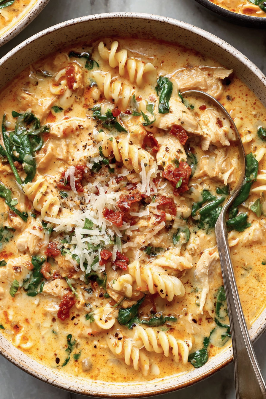 A bowl of chicken soup with pasta and greens.