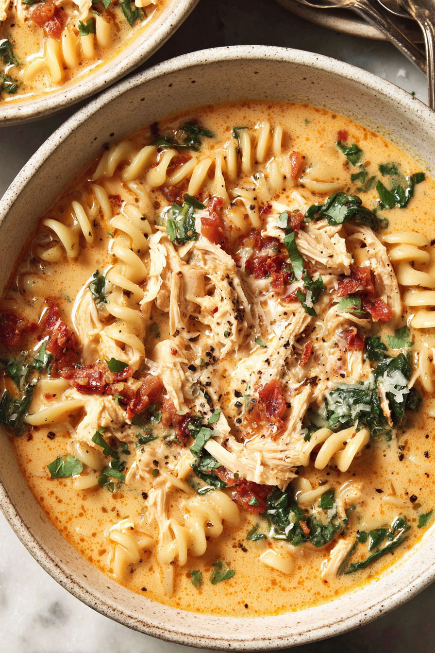 A bowl of chicken noodle soup with a spoon in it.