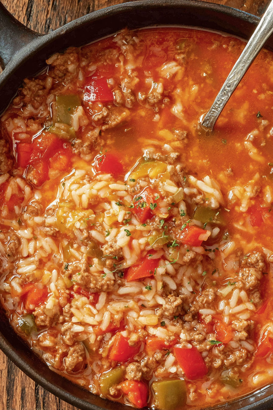 A close up of a bowl of crock pot stuffed pepper soup.