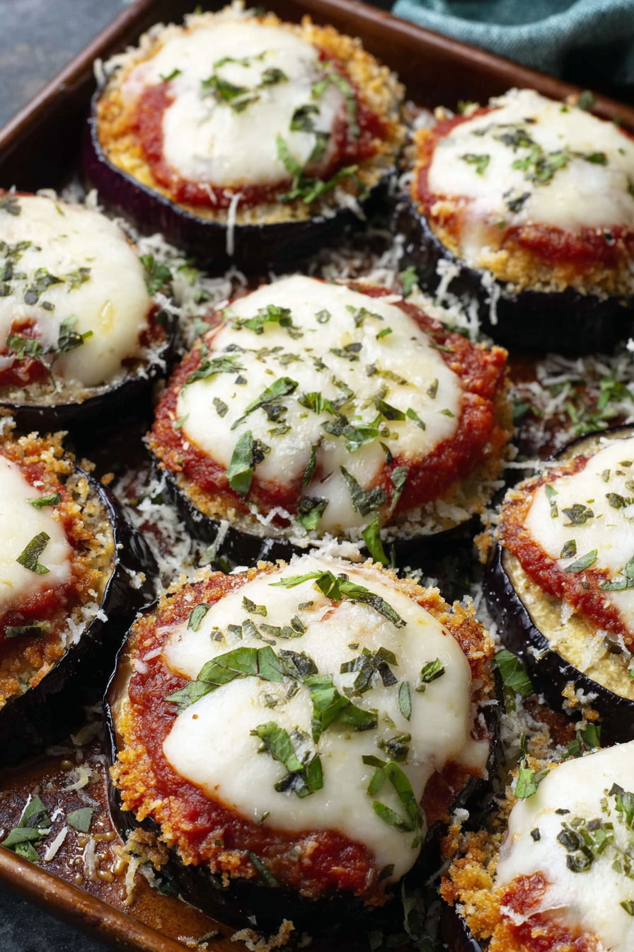 A close up of a delicious looking eggplant parmesan bake.
