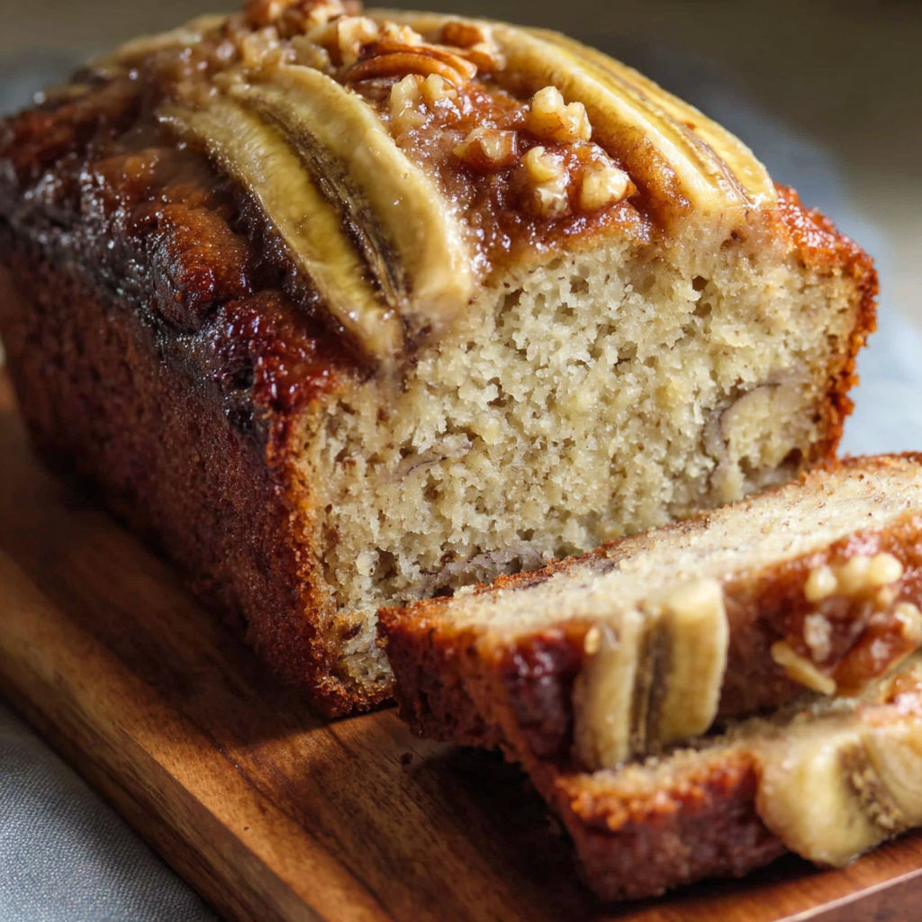 A slice of banana bread with nuts on top.