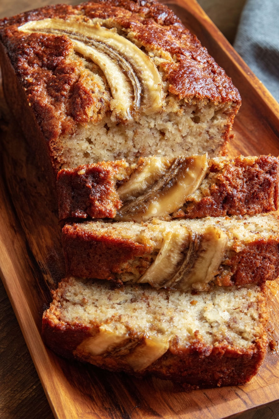 A slice of banana bread on a wooden board.