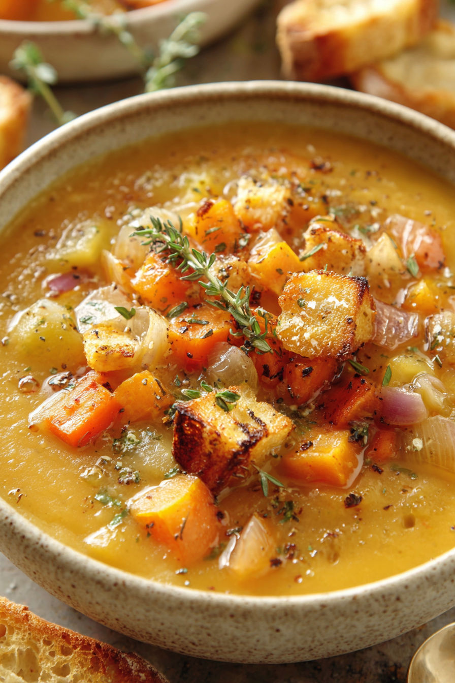 A bowl of soup with vegetables and herbs.