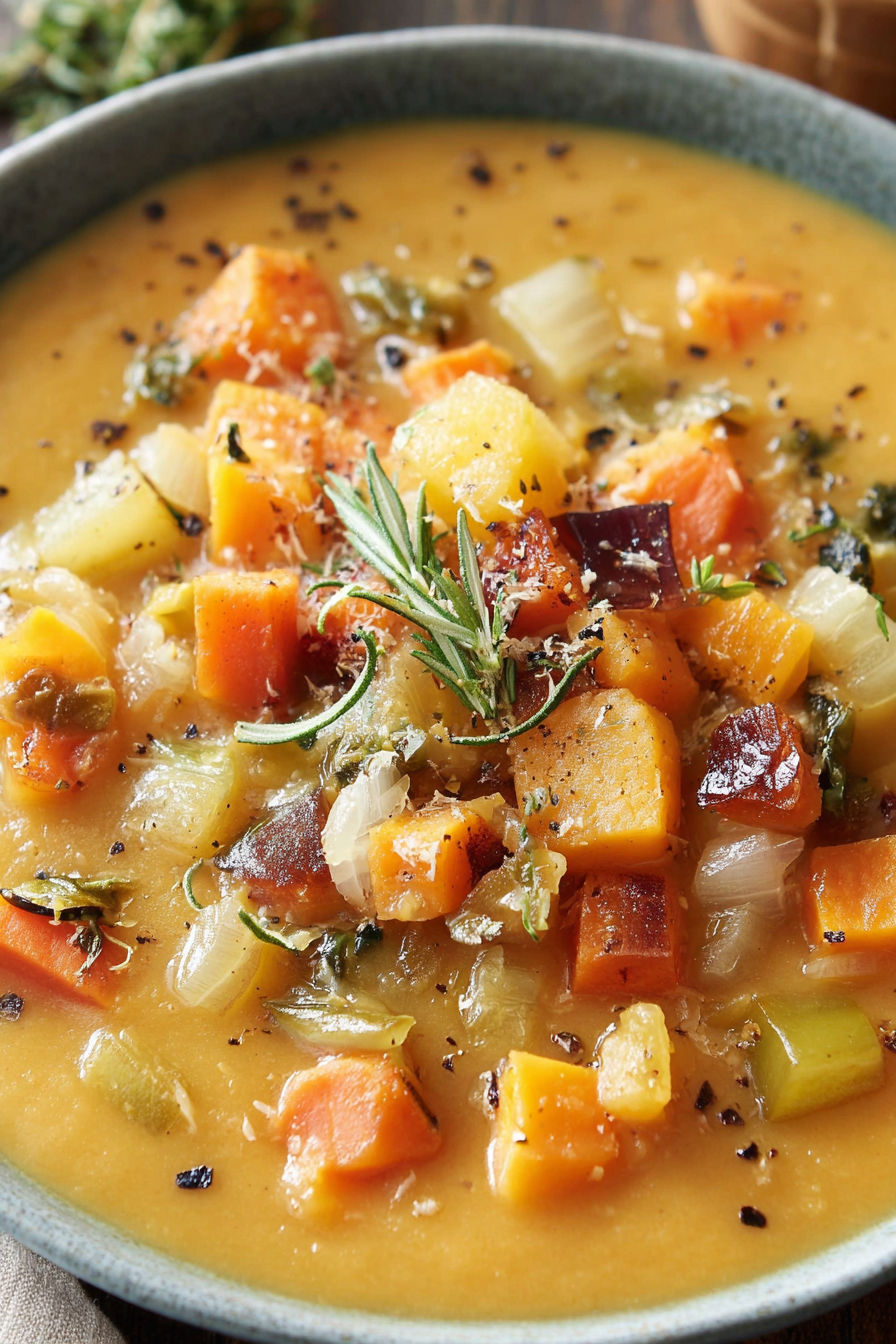 A bowl of soup with vegetables and herbs.