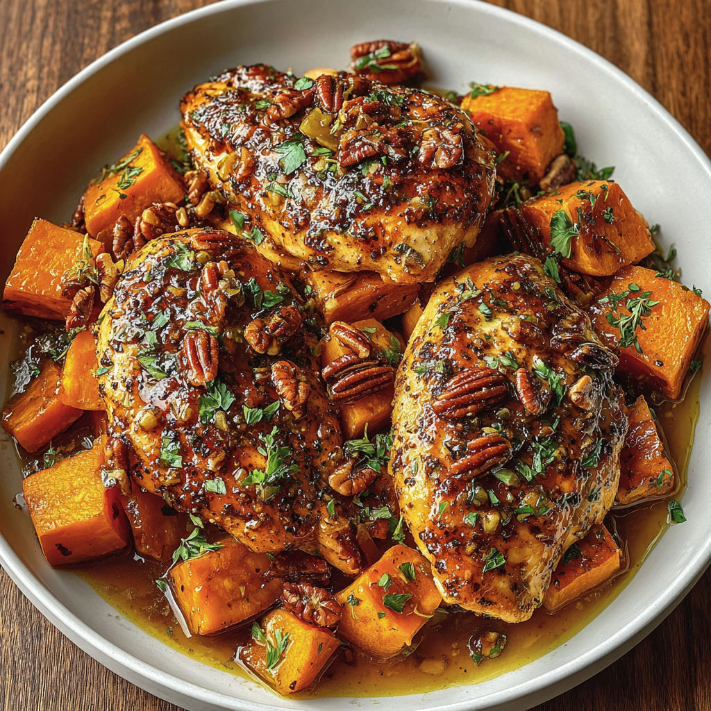 A plate of chicken with sweet potatoes.