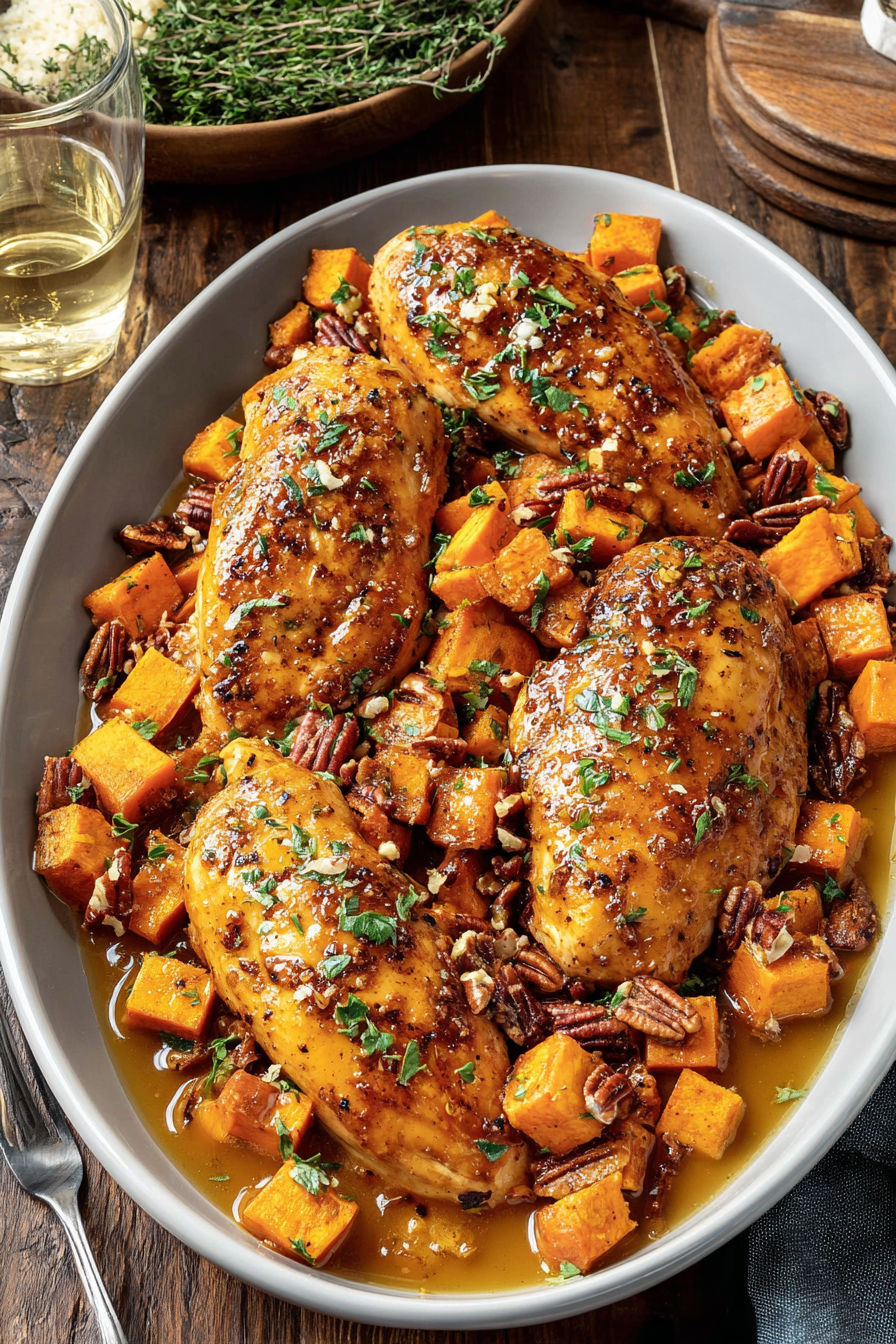 Maple glazed chicken with sweet potatoes.