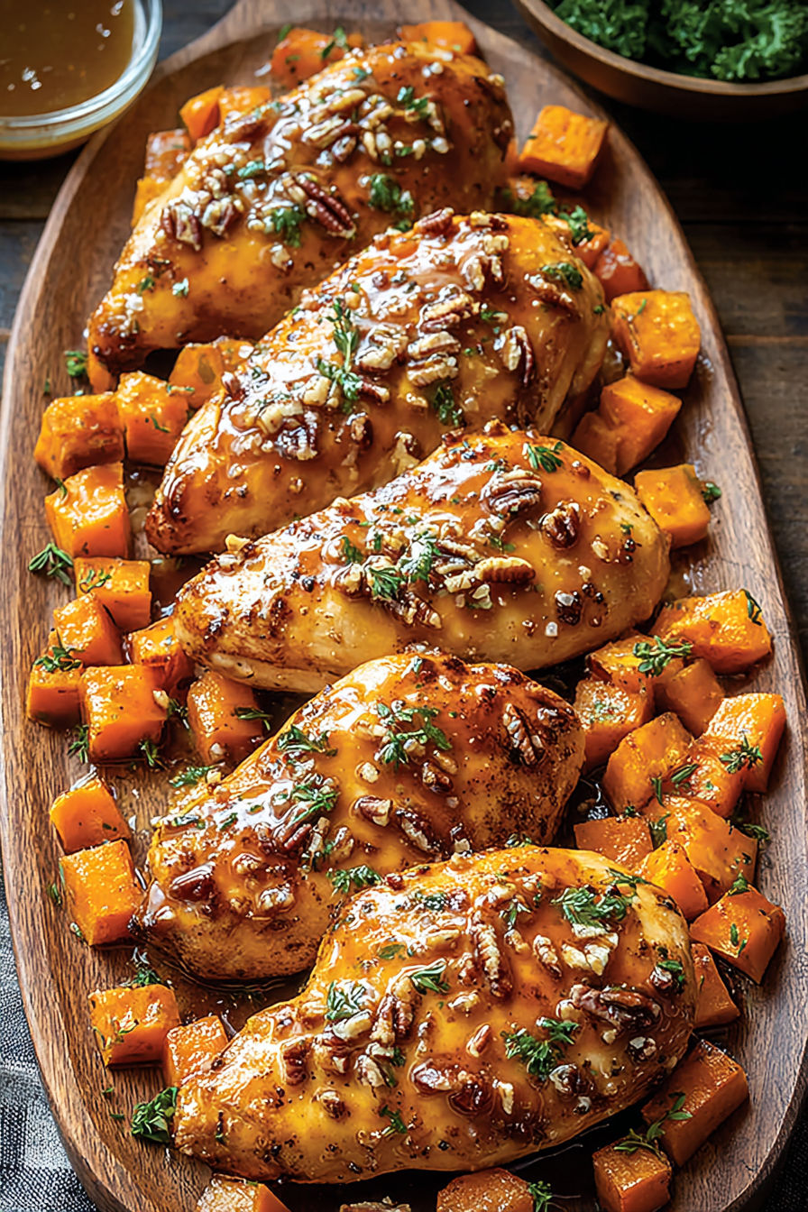 Maple glazed chicken with sweet potatoes.