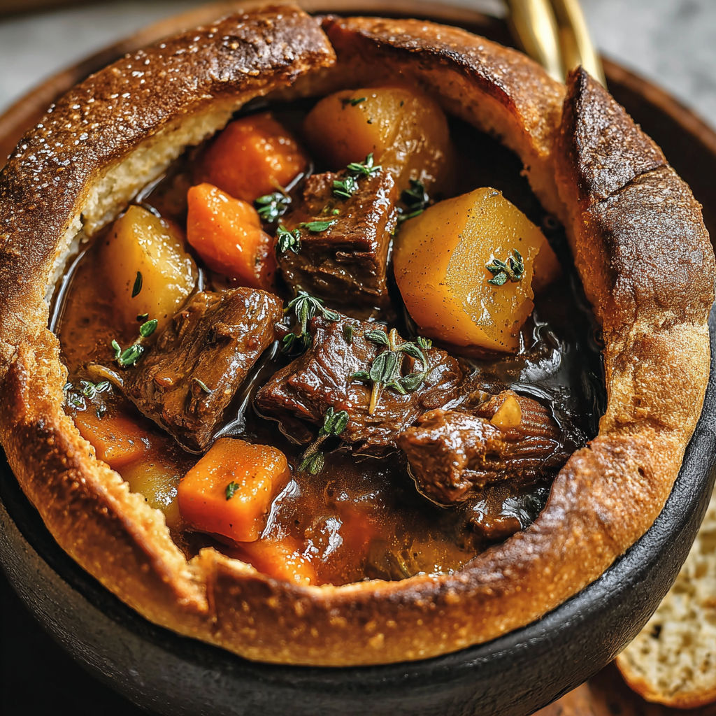 A bowl of beef stew in a witch's cauldron.