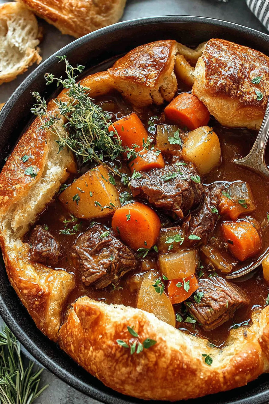 A bowl of beef stew with a spoon in it.