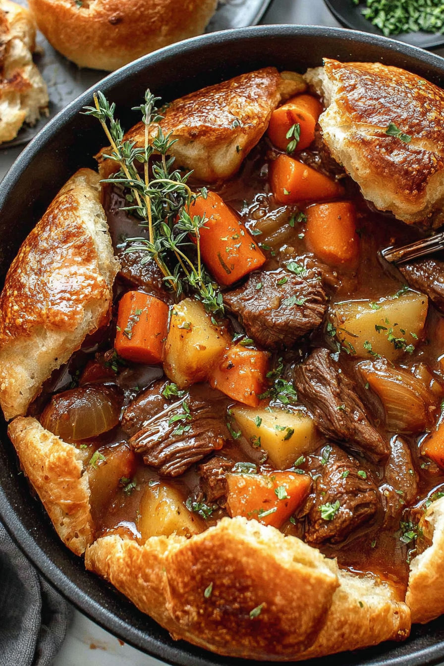 A close up of a witch's cauldron filled with beef stew.