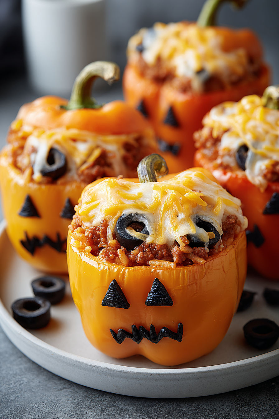 Stuffed bell peppers with cheese and black olives.