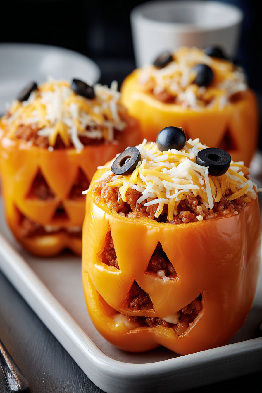 Three stuffed bell peppers with creepy faces.